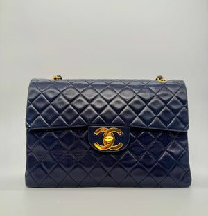 Chanel Vintage 1980s Navy Lambskin Maxi Classic Single Flap- Series 1