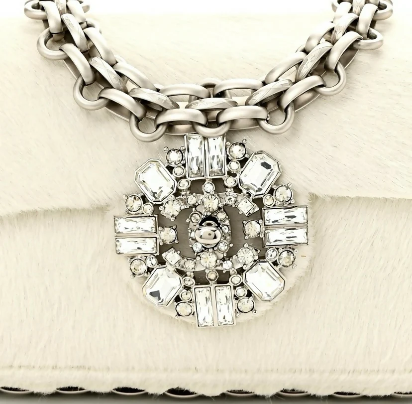 Ultra Rare Chanel 08A Huge Swarovski CC White Pony Classic Medium Flap Bag