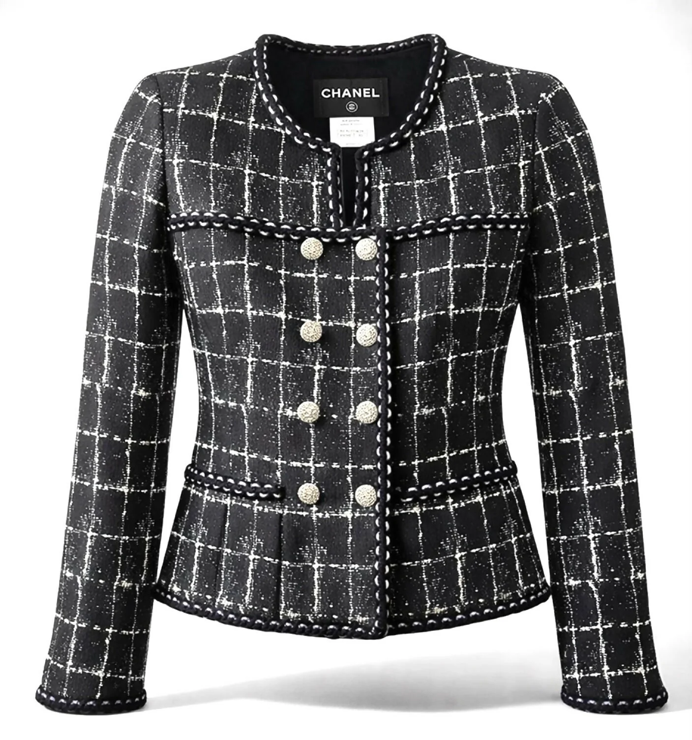 Chanel 14P Black Grid Tweed Braided Trim Double Breasted Jacket FR 36