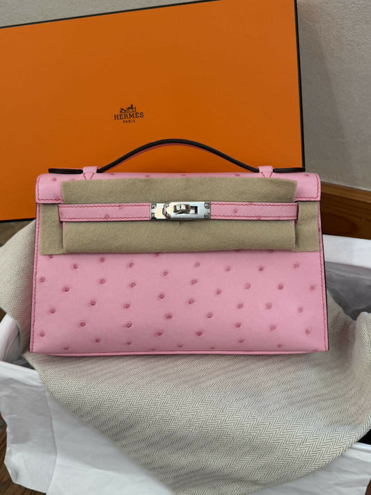 Hermès Mini Kelly 20 Pink Bubblegum Ostrich Leather with Palladium Hardware