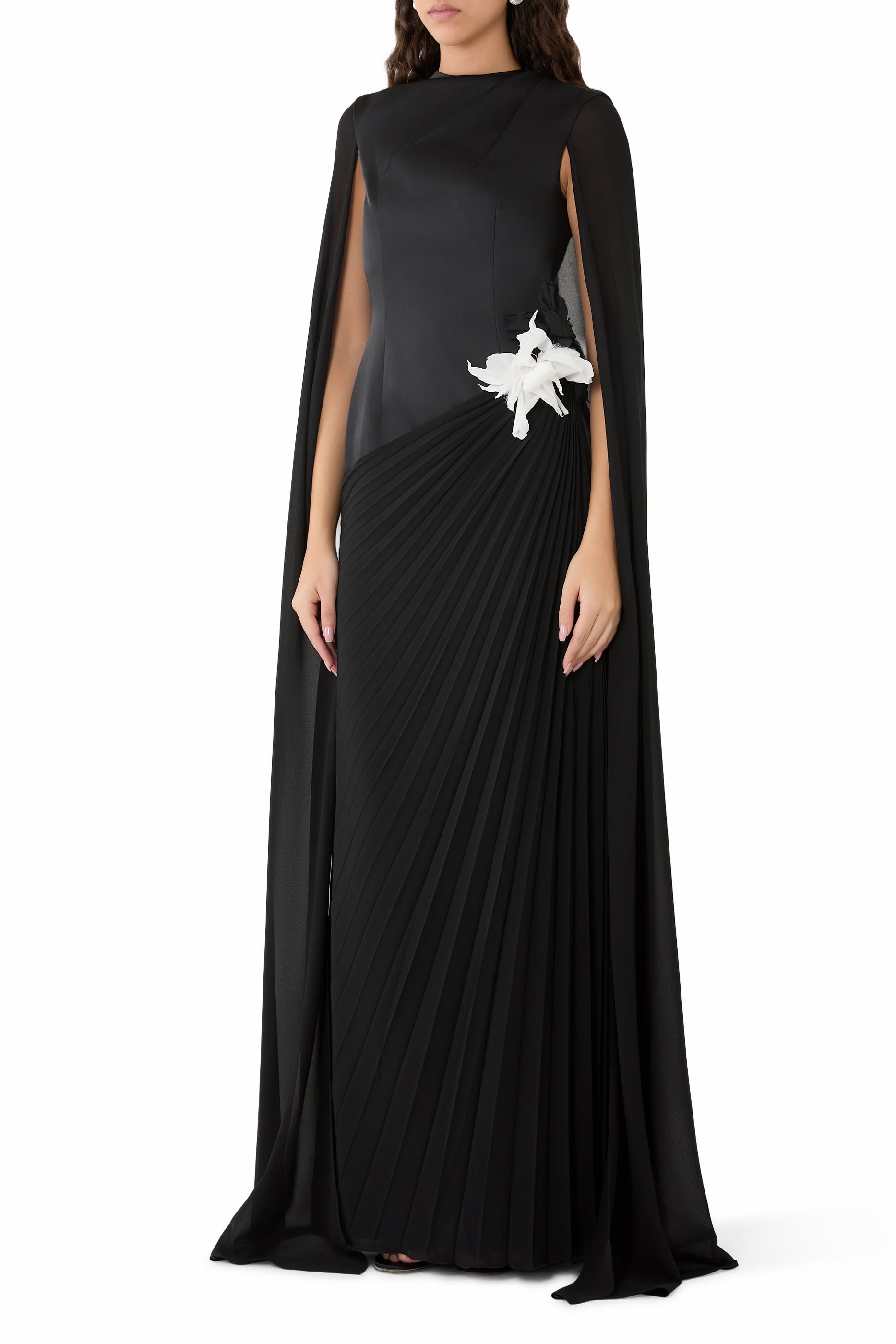 Long Cape Sleeve Gown with Flower Detail 