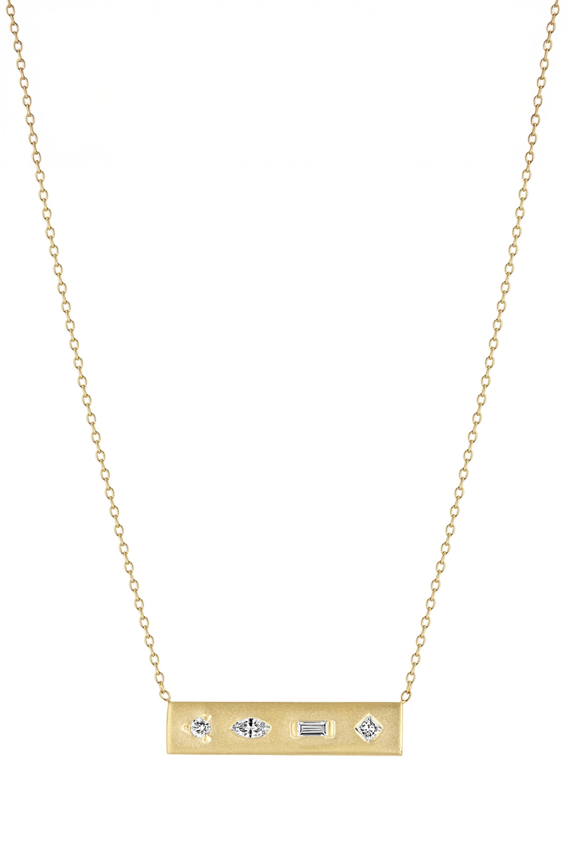 Mosaic Brushed Gold Horizontal Bar Necklace, 14K Yellow Gold & Diamonds