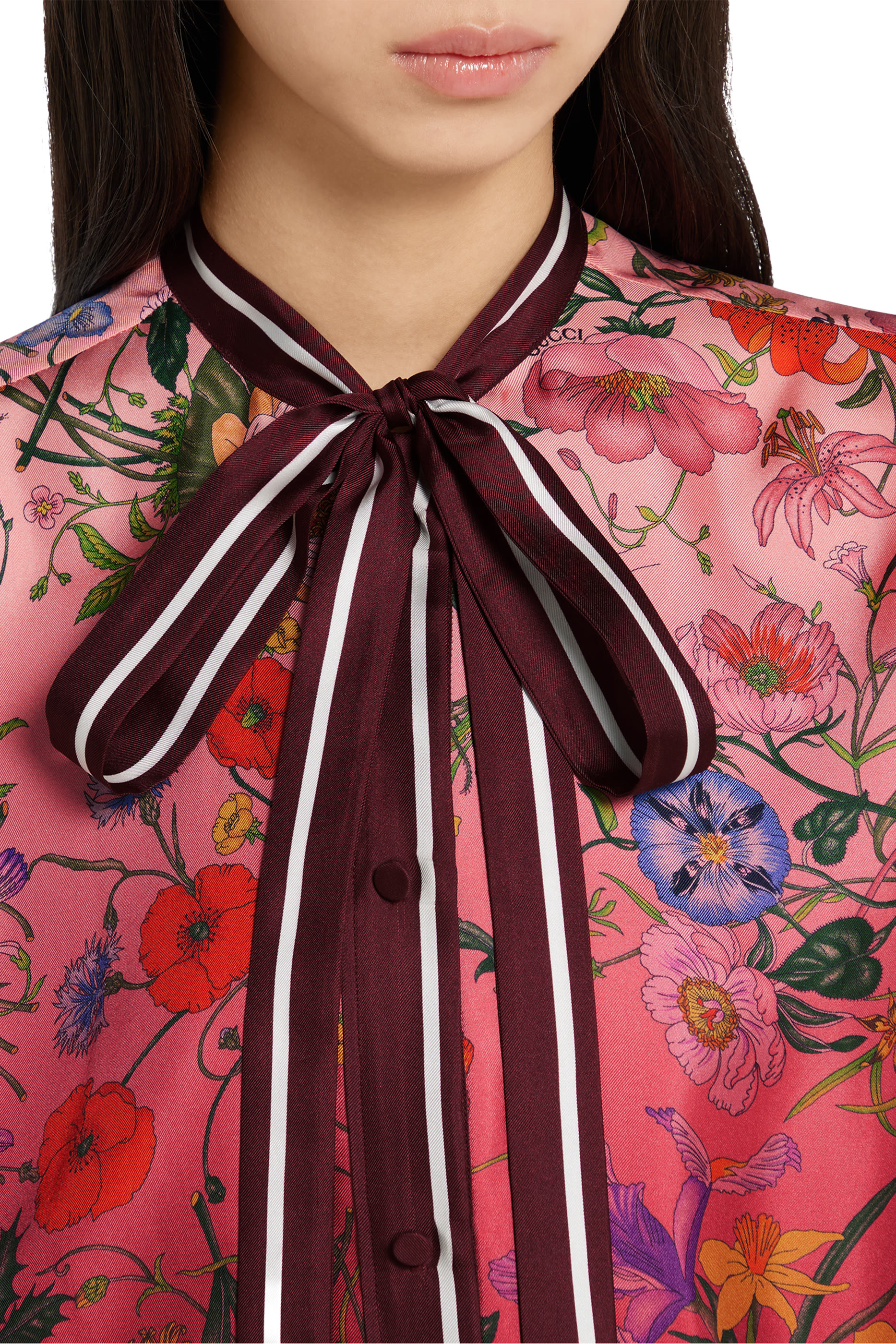 Neck Bow Printed Silk Shirt