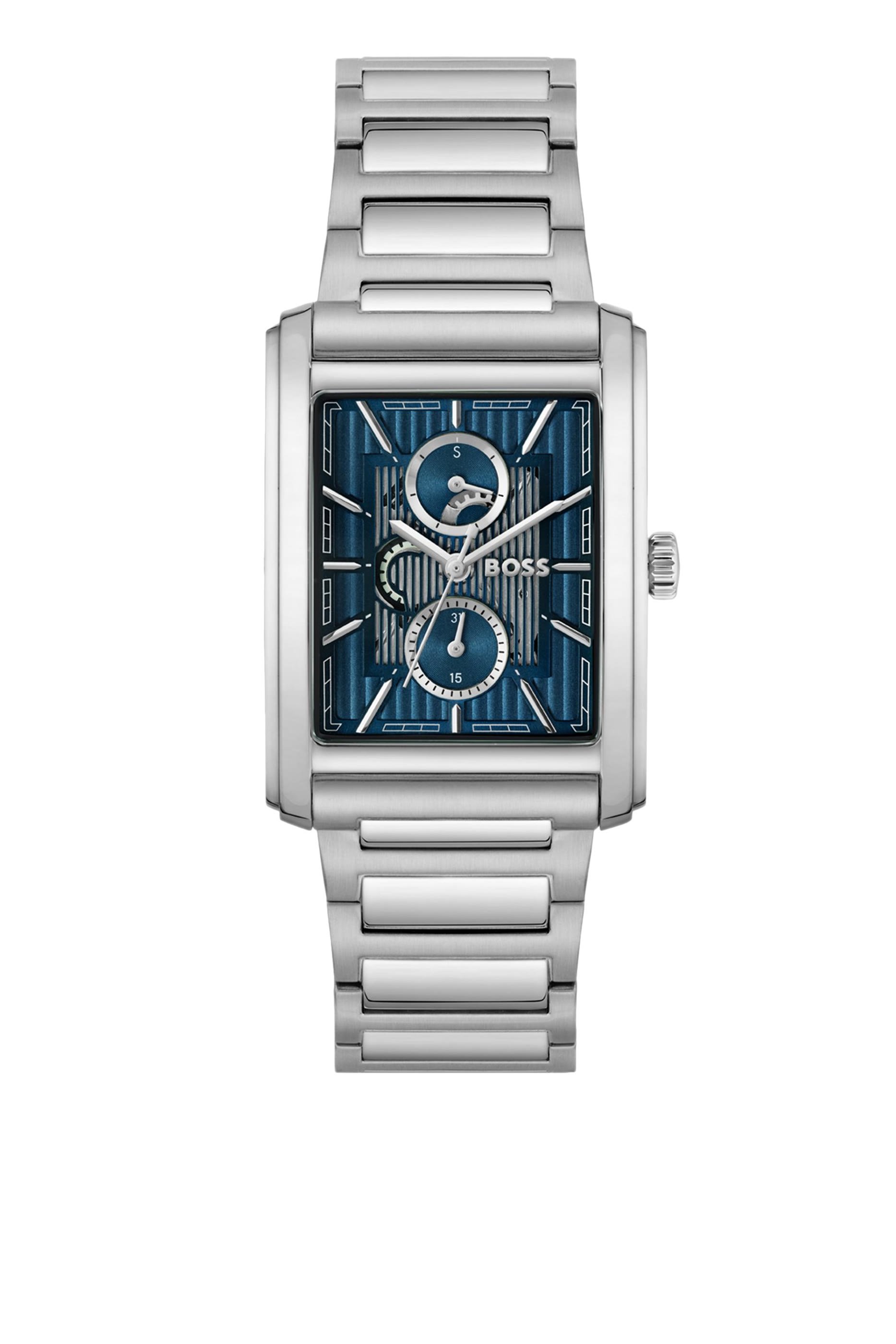 Link-Bracelet Watch with Blue Textured Skeleton Dial 