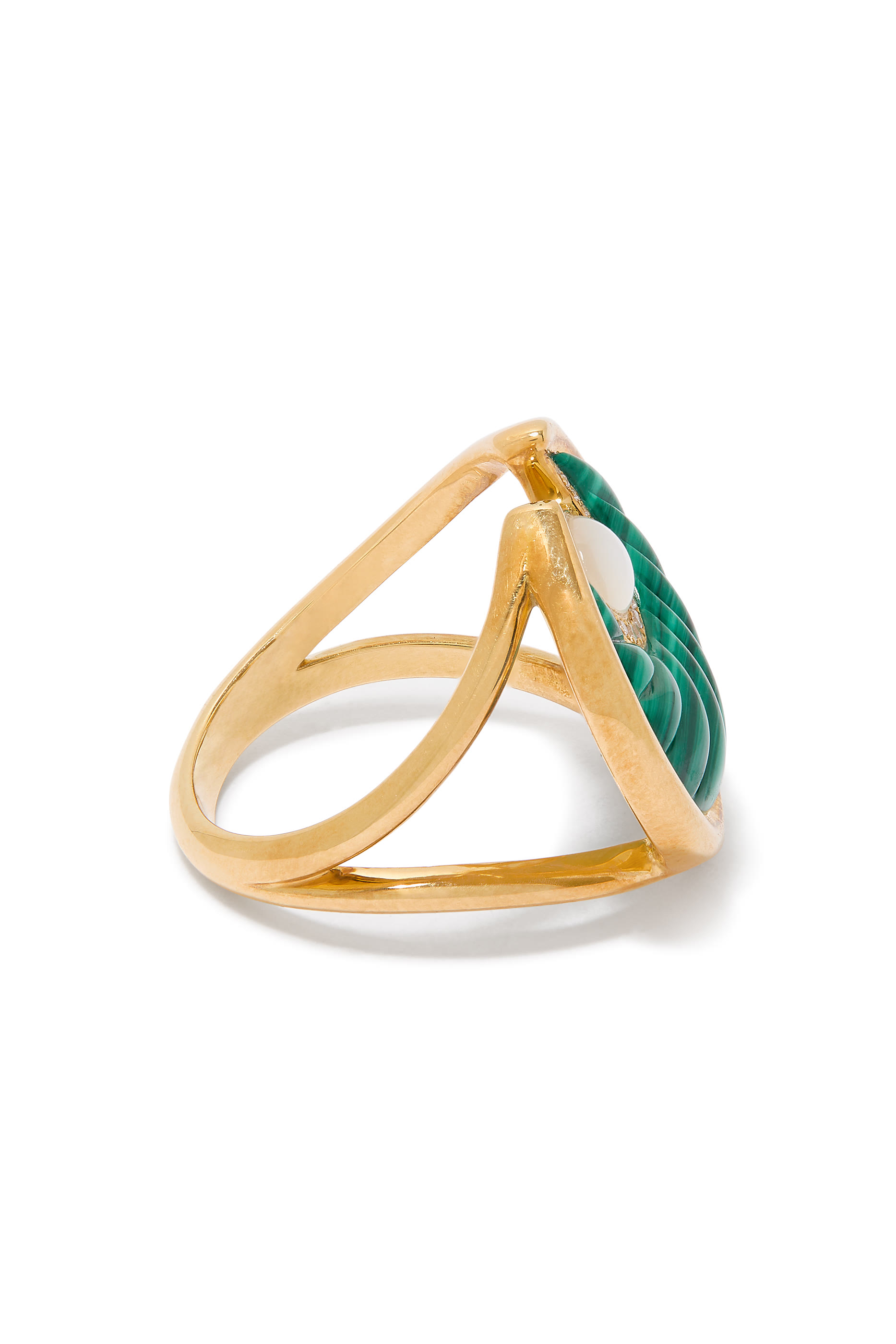 Circus Moon Ring, 18K Yellow Gold, with Diamonds, Malachite & Mother of Pearl 