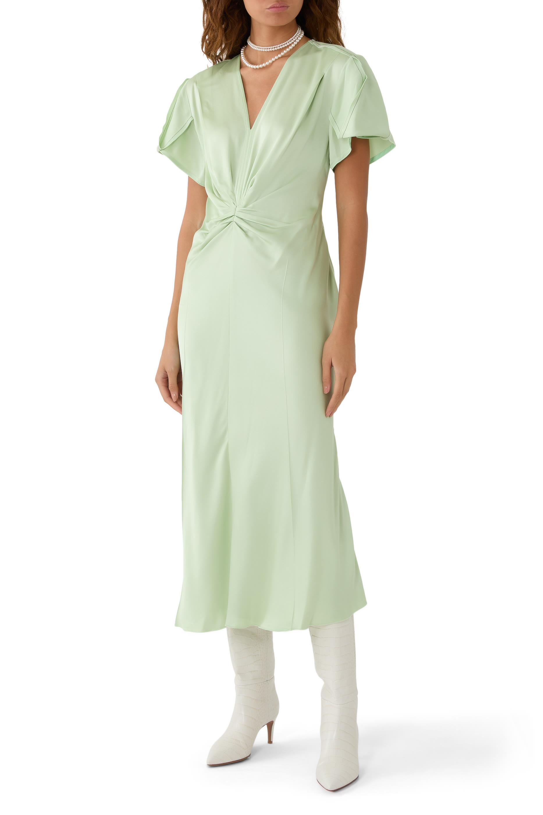 Gathered V-Neck Midi Dress