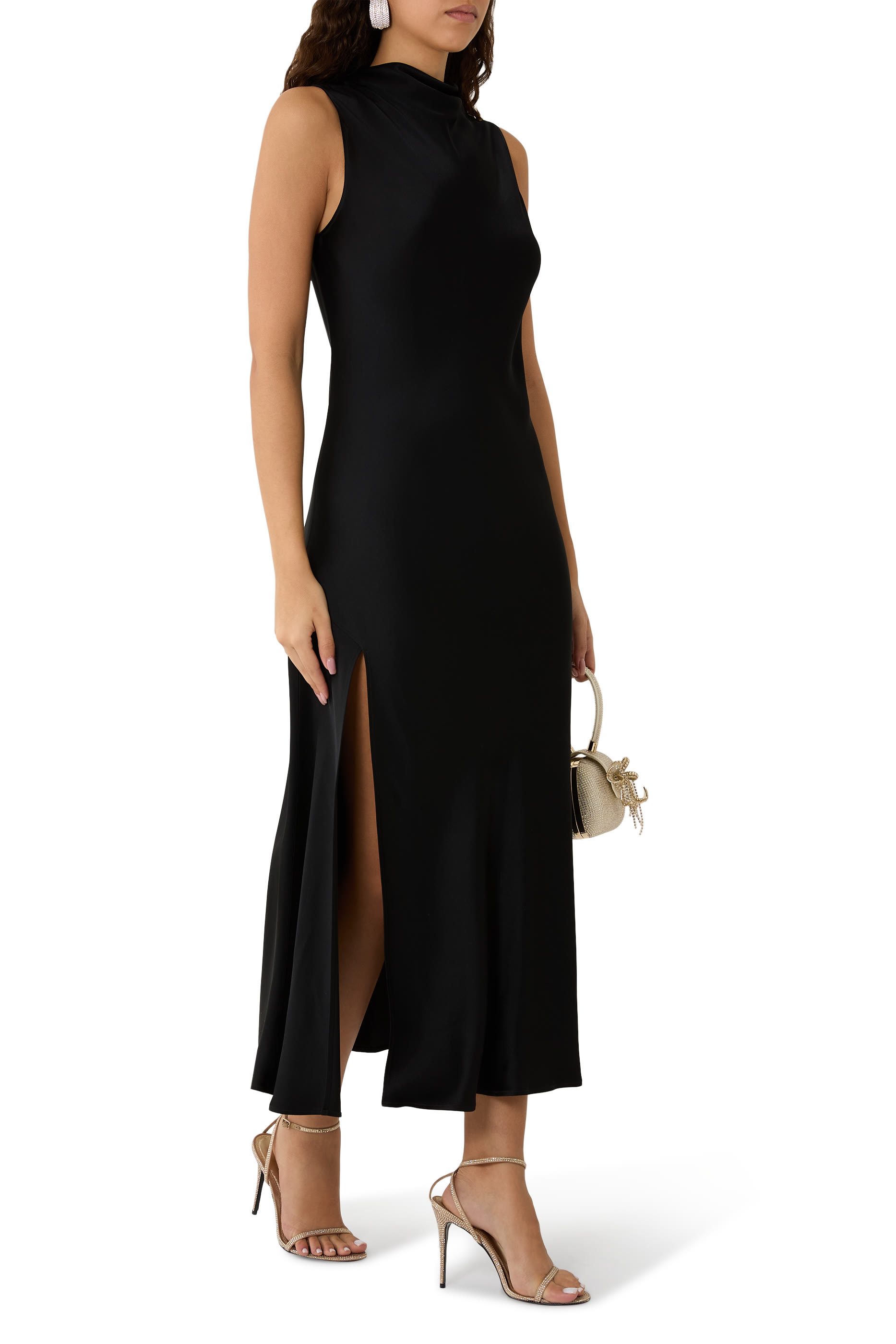 Drape Neck Sleeveless Satin Dress