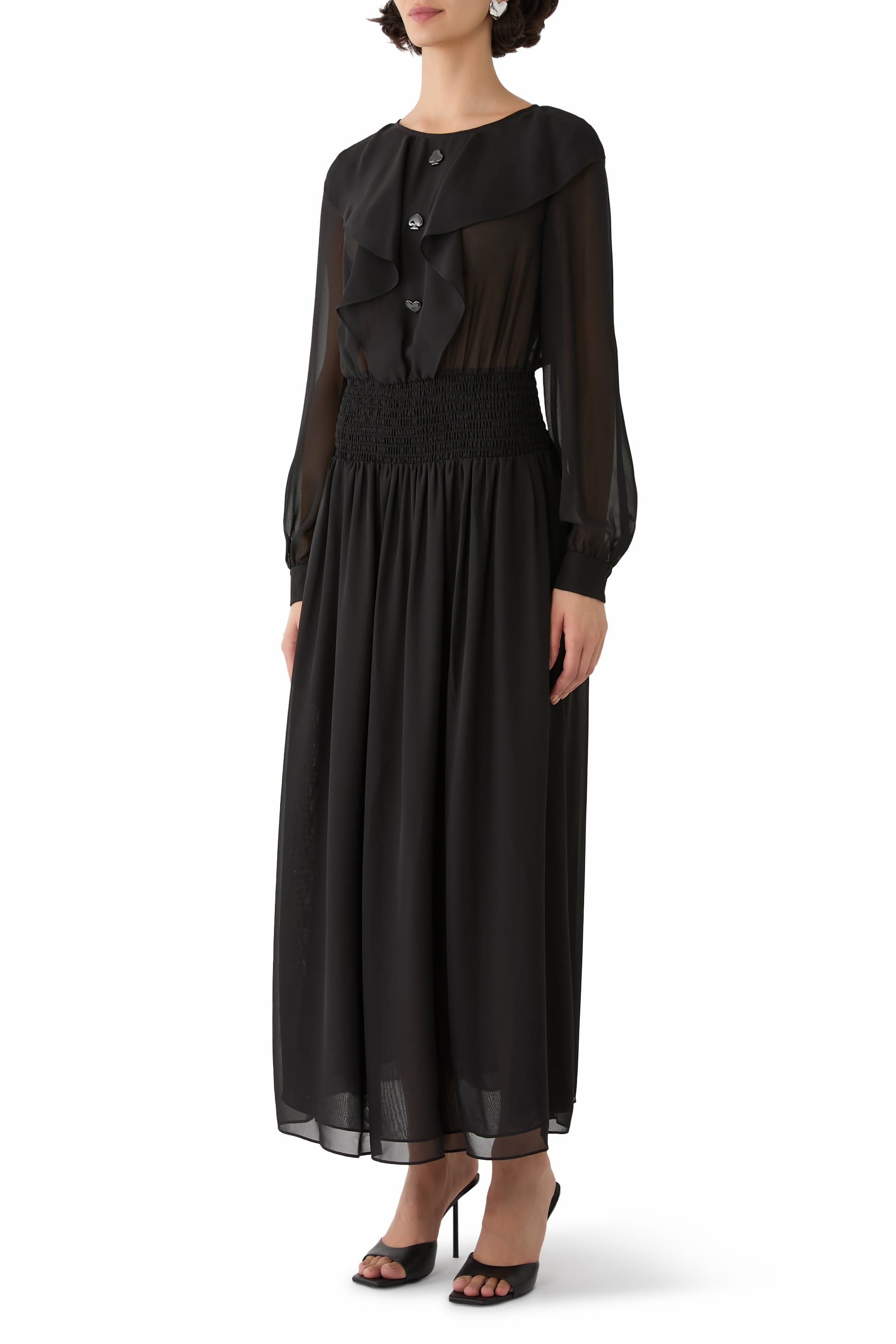 Ruffled Shirred Midi Dress