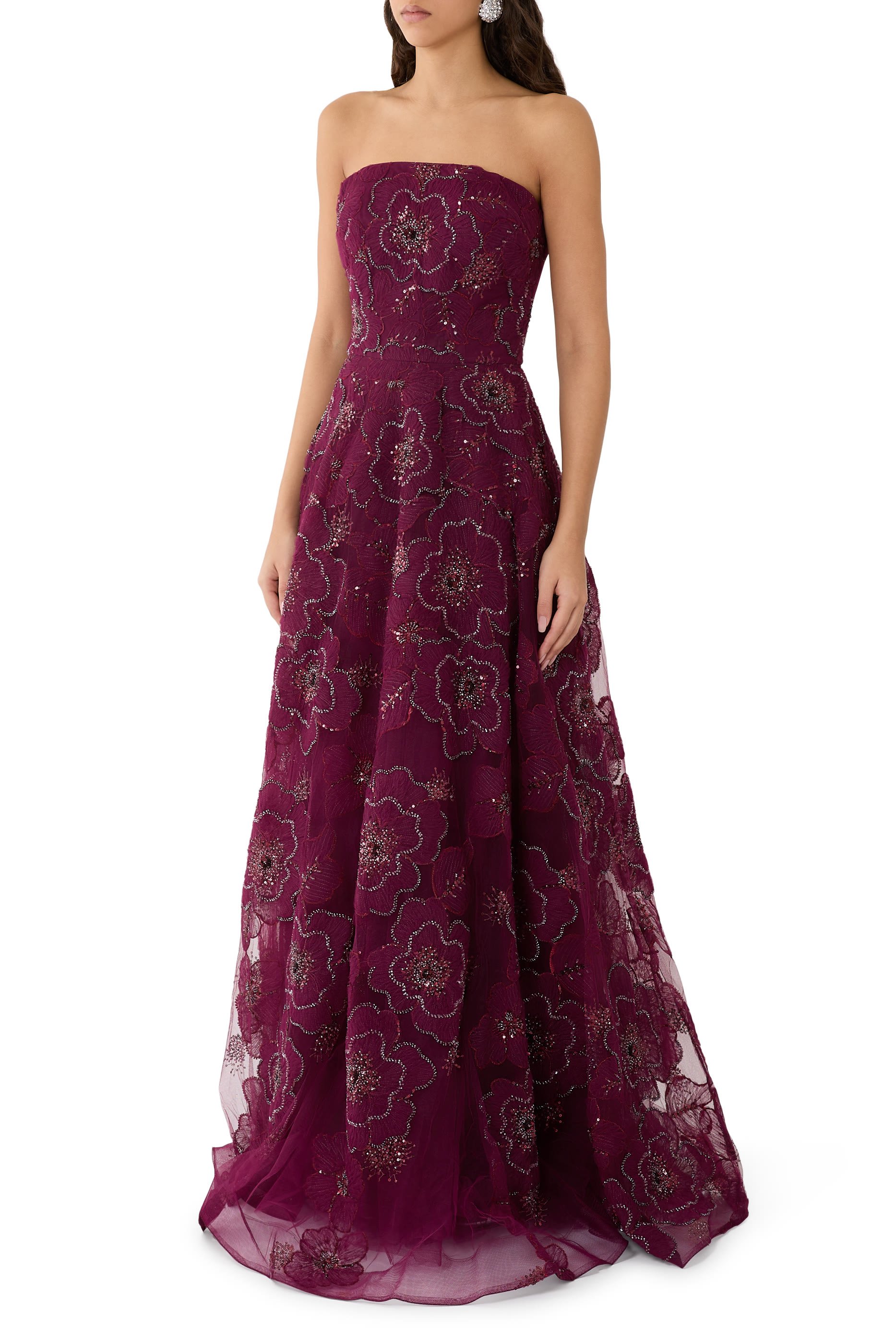 Strapless Ball Gown with Beaded Floral Appliqu&eacute;s 