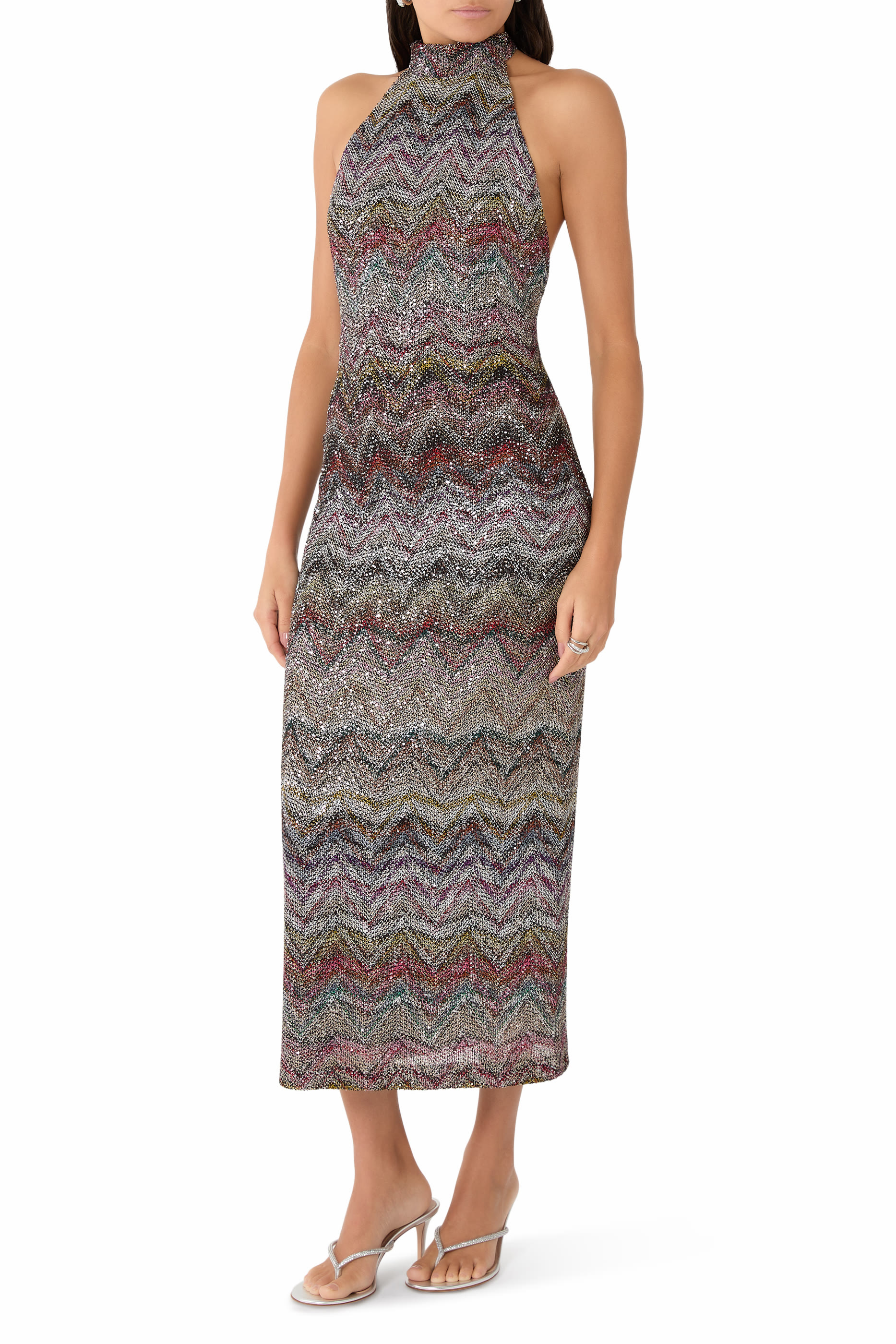 Chevron Sequin Embellished Halter Maxi Dress