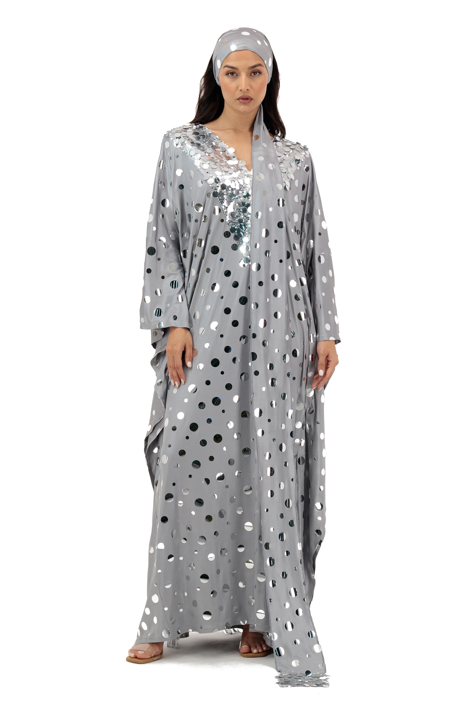  Polka Dot Embellished Kaftan With Scarf