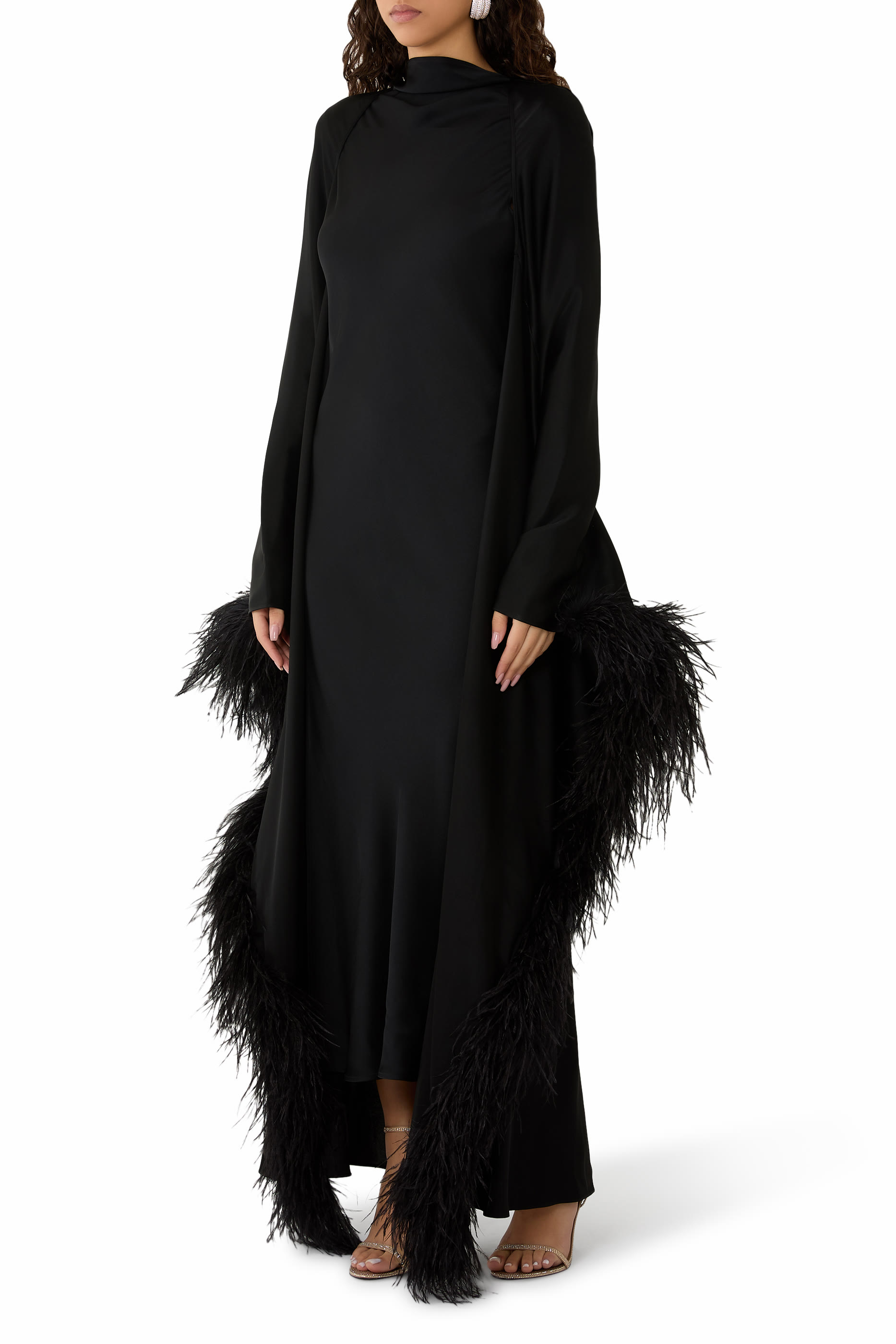 Feather Trim Long Sleeves Satin Caftan