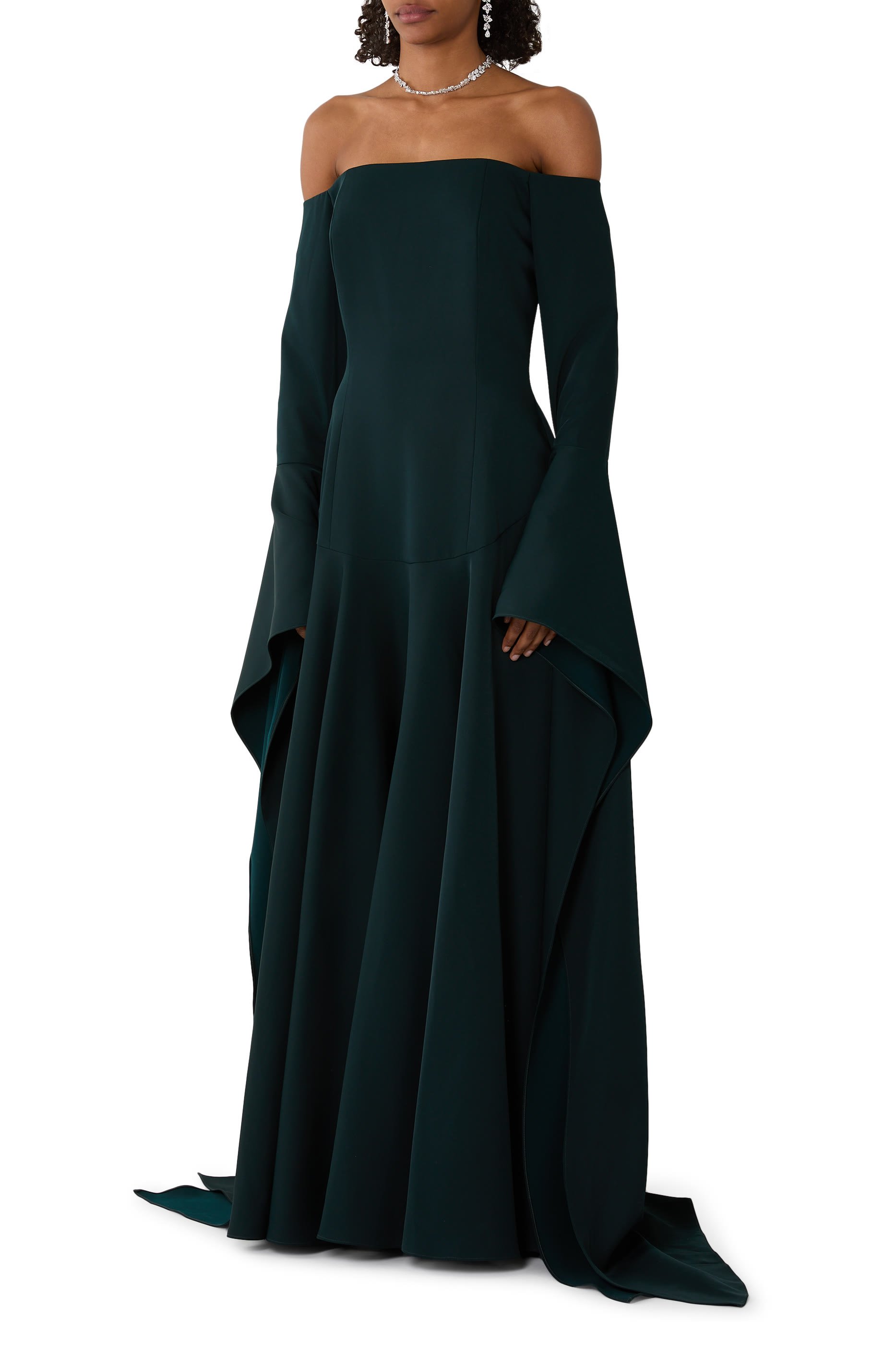 Off-Shoulder Statement Sleeve Crepe Gown