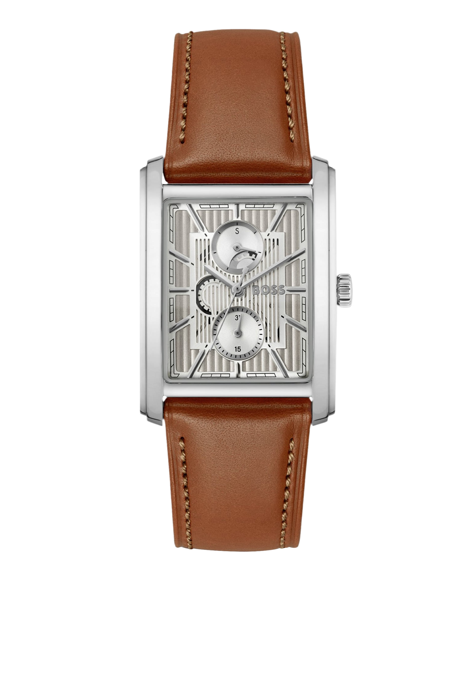 Silver-Tone Rectangular Watch with Textured Skeleton Dial