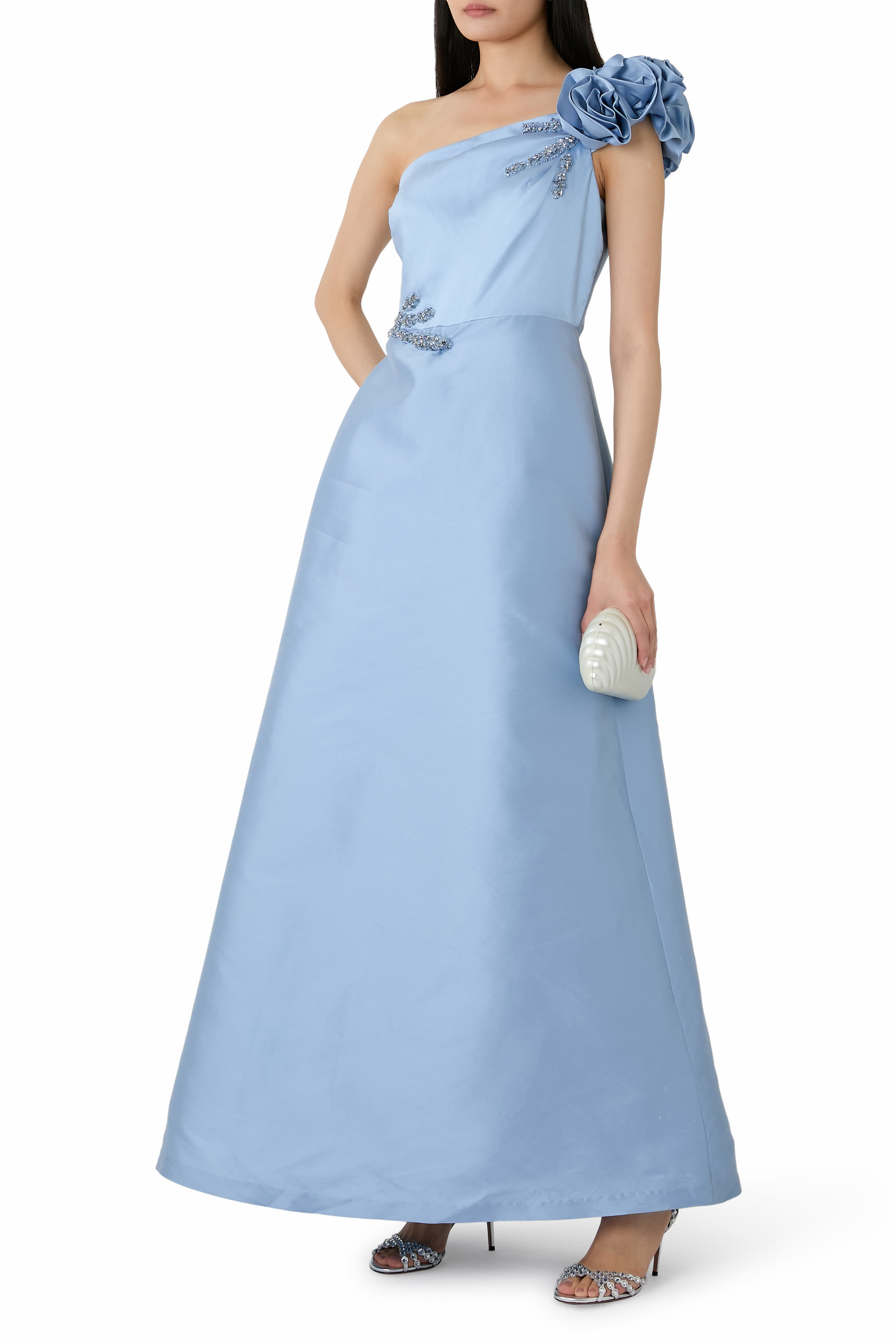  Mikado Flower One Shoulder Bead Appliqu&eacute; Gown