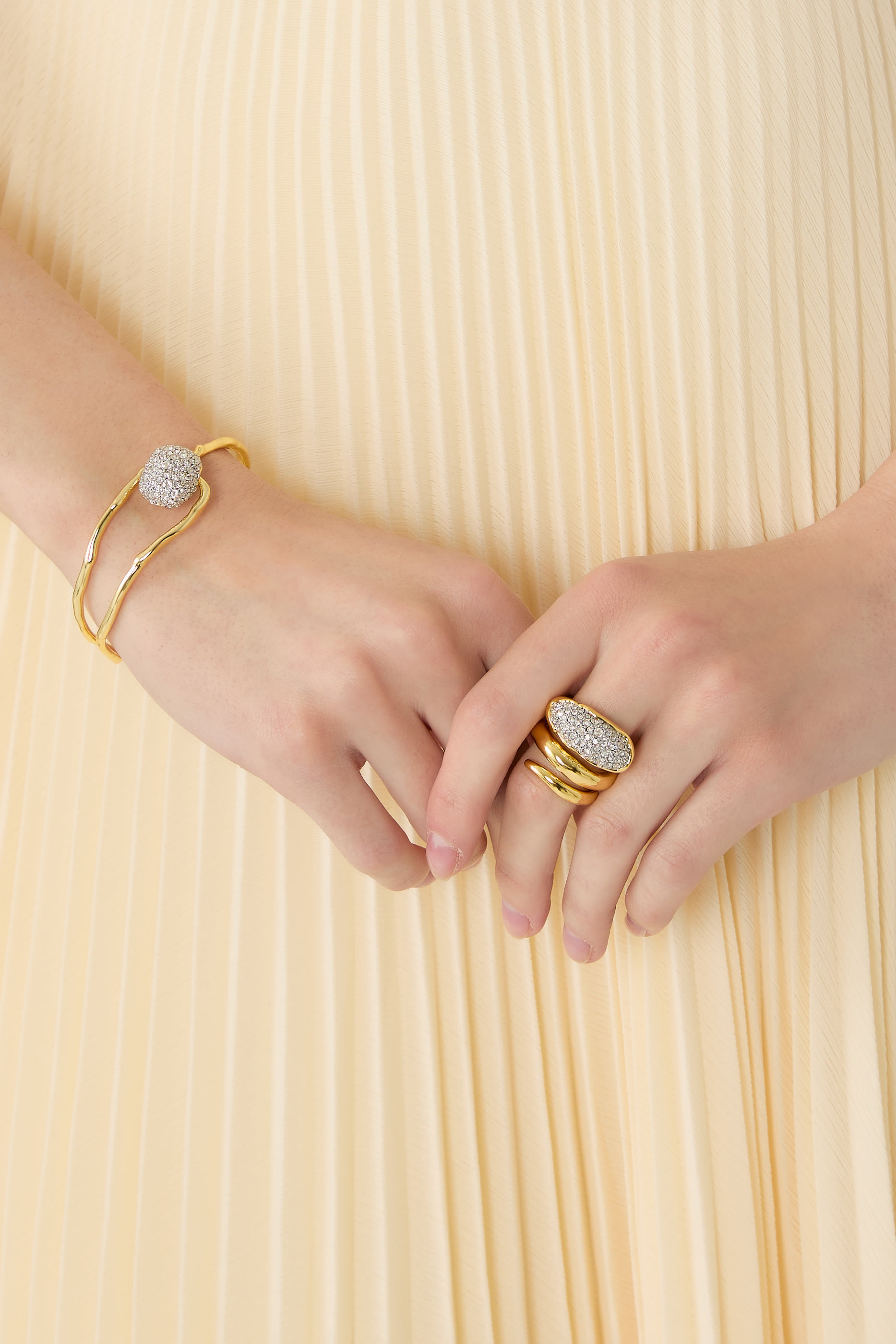 Solanales Crystal Cuff Bracelet, 14k Gold Plated Brass with Rhodium Tone Plated Brass & Crystal