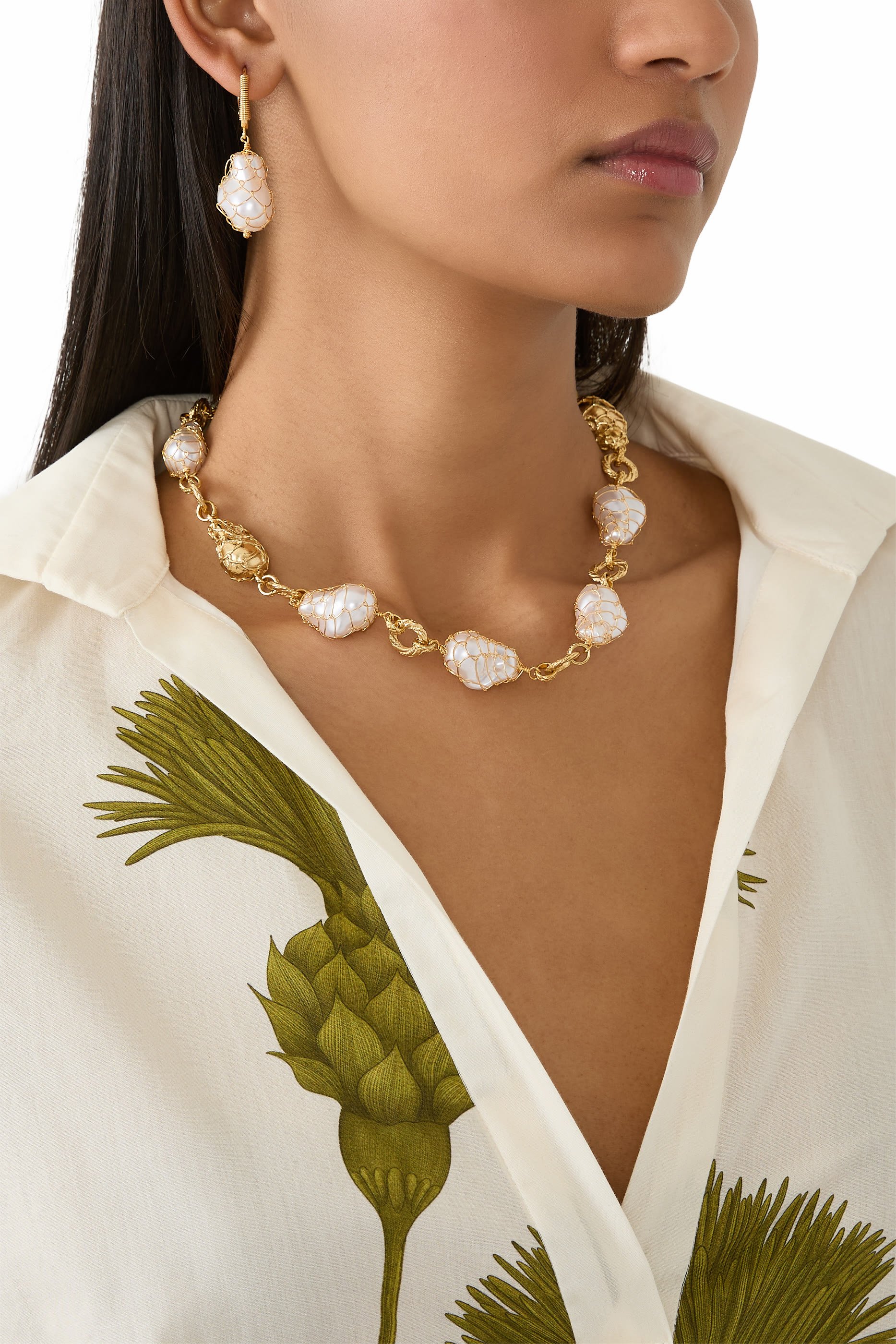  Rainbow Biwa Bis Necklace, Gold-Plated Metal & Pearls 