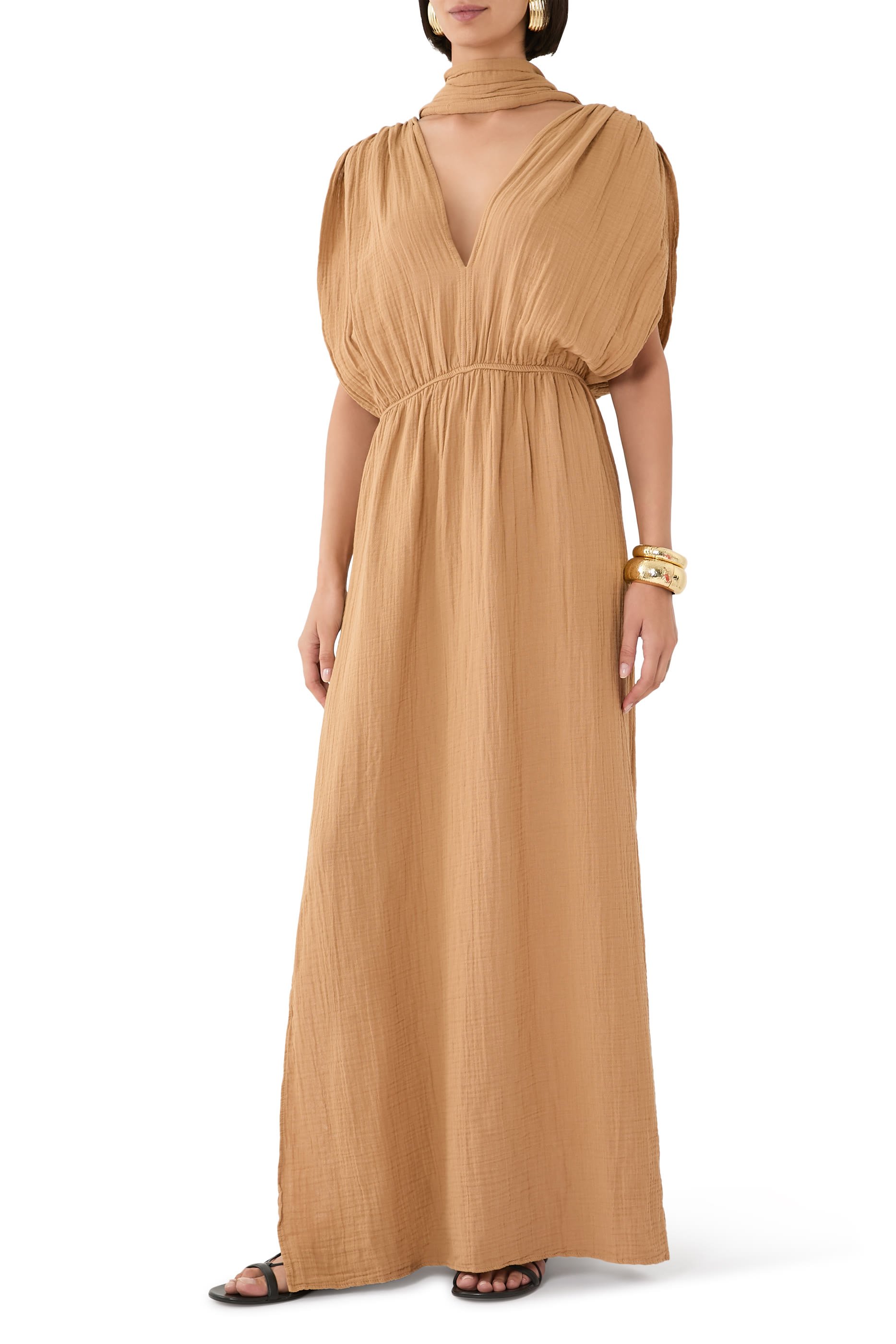 V-Neck Shoulder Ruched Dress with Ribbon Ties