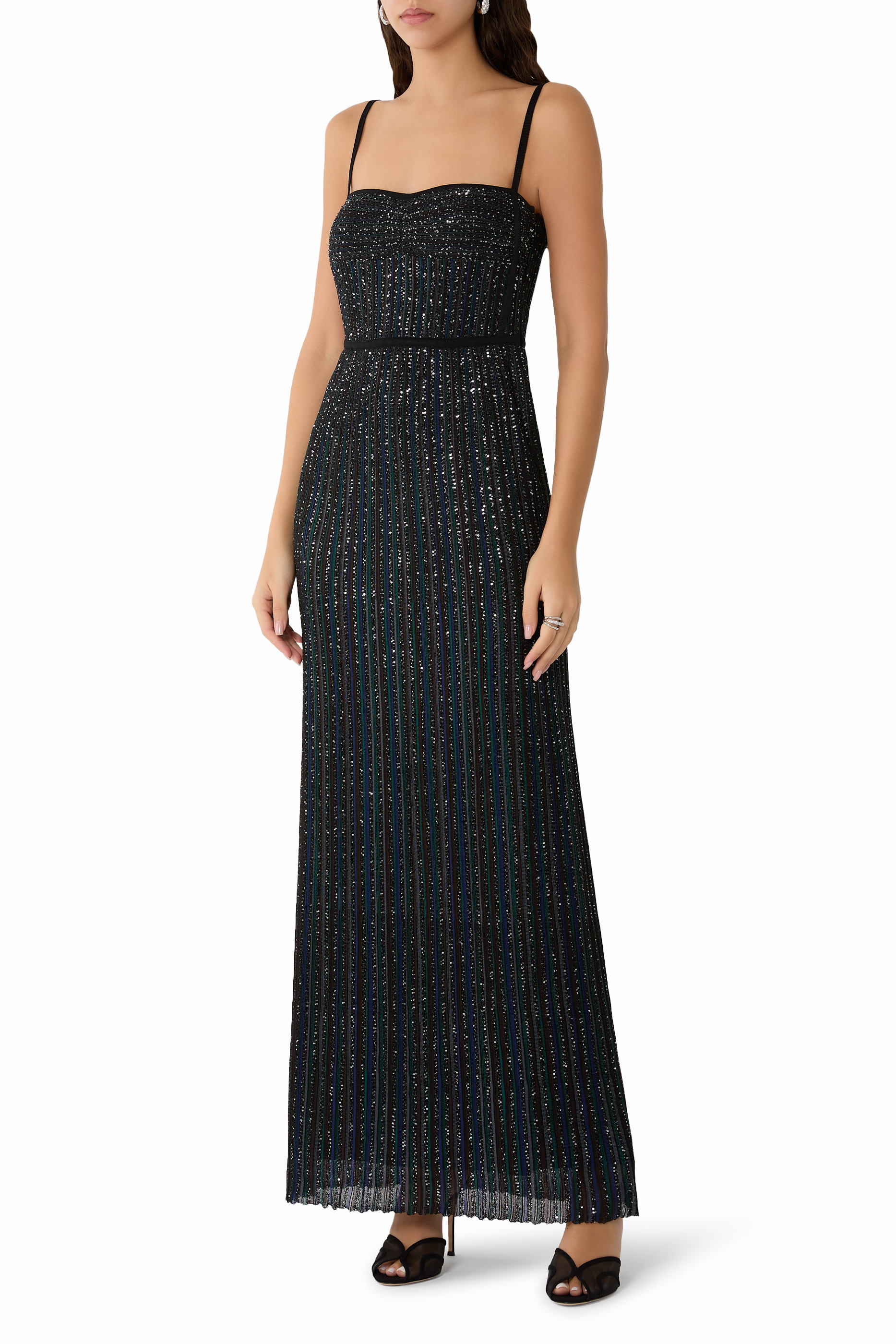  Sleeveless Long Dress with Lam&eacute; Stripes