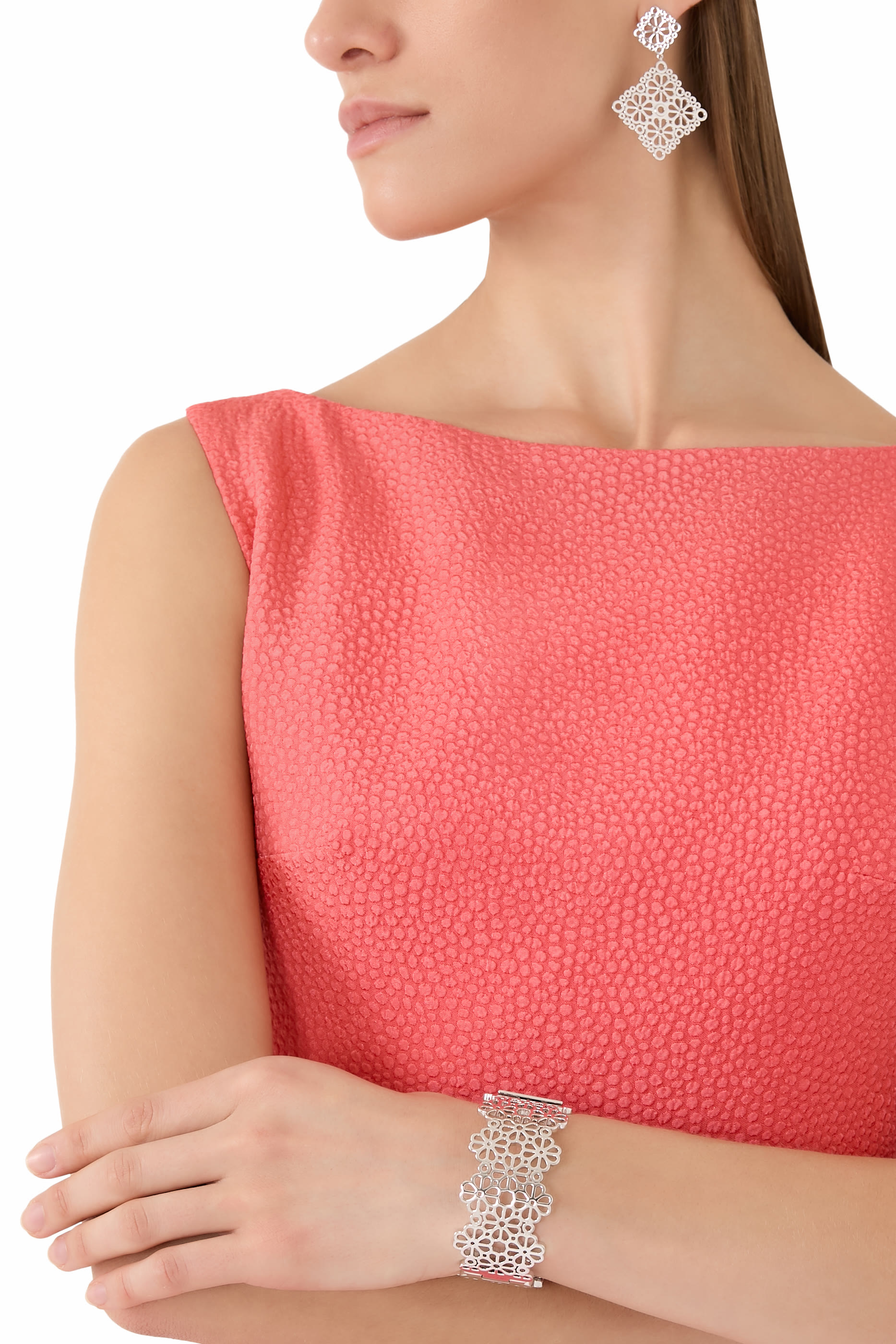 Spade Flower Lace Statement Bangle, Plated Metal, Steel & Cubic Zirconia