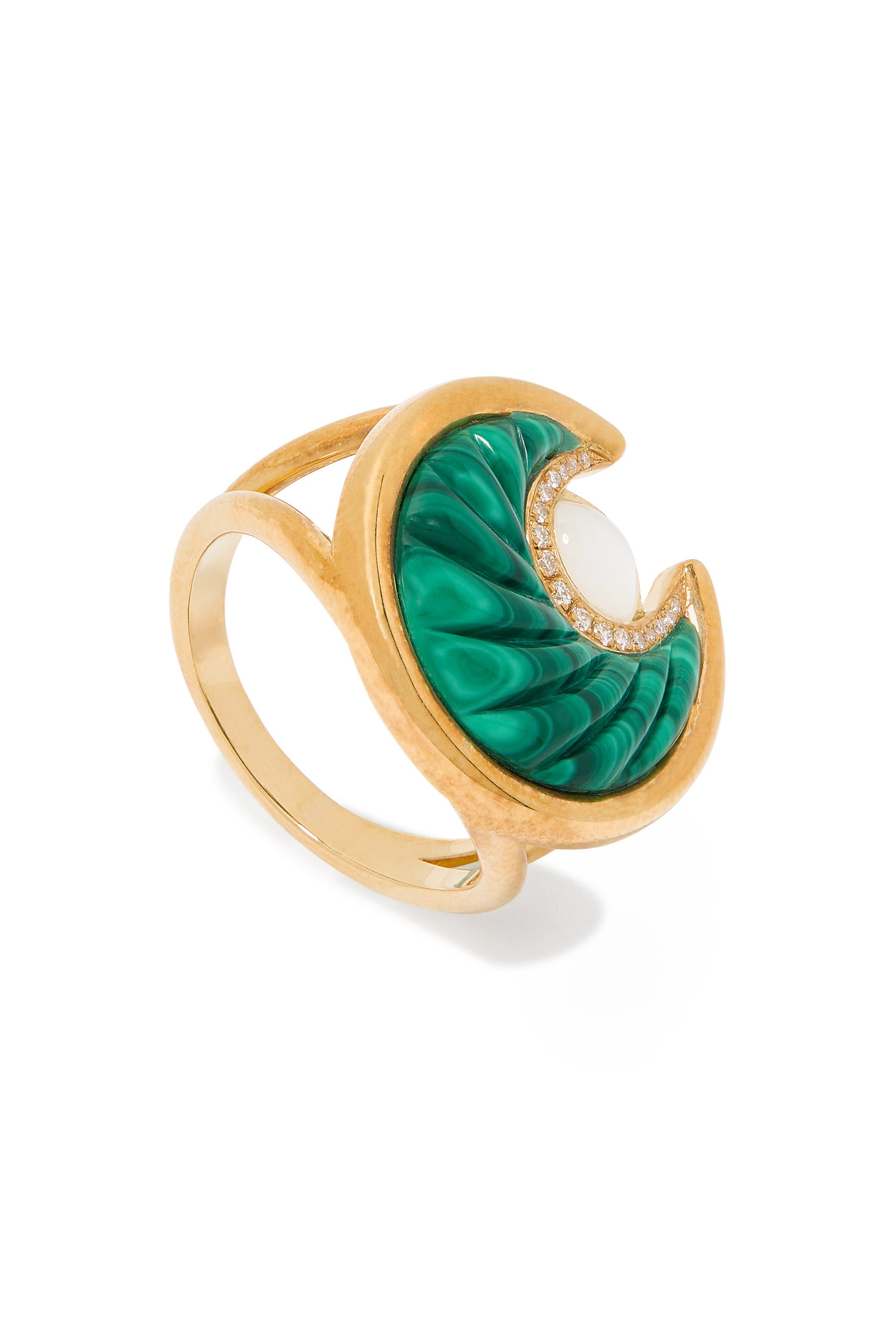 Circus Moon Ring, 18K Yellow Gold, with Diamonds, Malachite & Mother of Pearl 